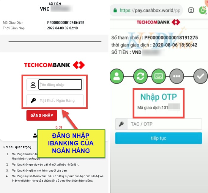 Đăng nhập internet banking và chuyển tiền